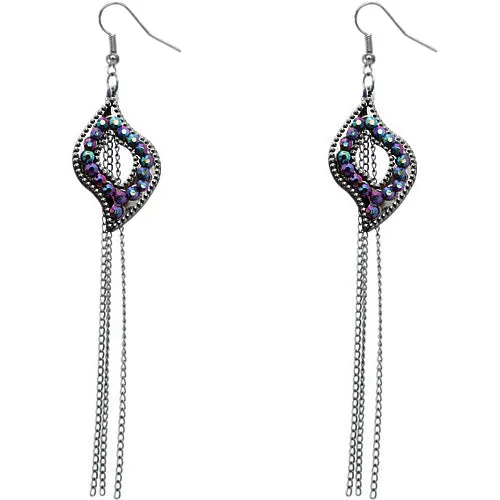 Purple Iridescent Beaded Fringe Chain Earrings