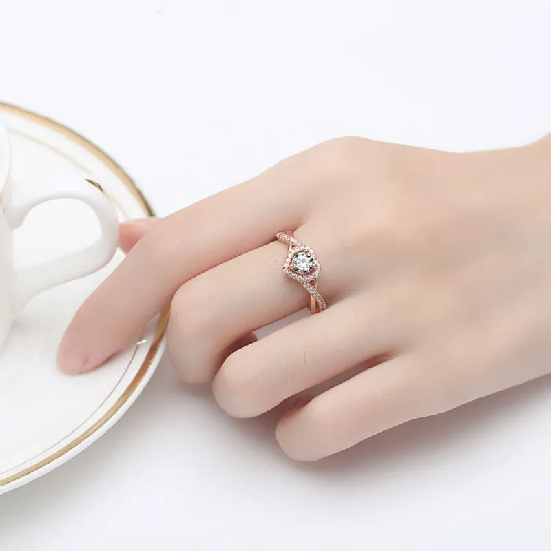 Real 18K Rose Gold Plated Heart Shape Ring for Women with Paved Micro AAA CZ Jewelry