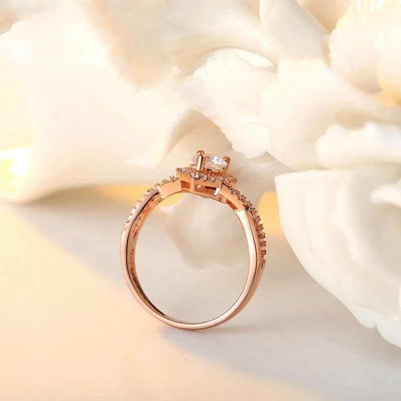 Real 18K Rose Gold Plated Heart Shape Ring for Women with Paved Micro AAA CZ Jewelry