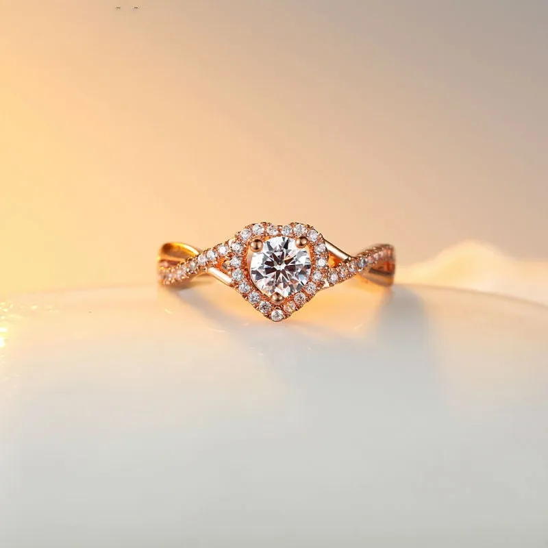 Real 18K Rose Gold Plated Heart Shape Ring for Women with Paved Micro AAA CZ Jewelry