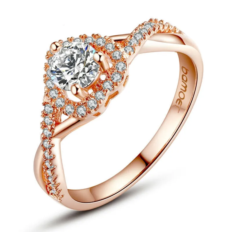 Real 18K Rose Gold Plated Heart Shape Ring for Women with Paved Micro AAA CZ Jewelry
