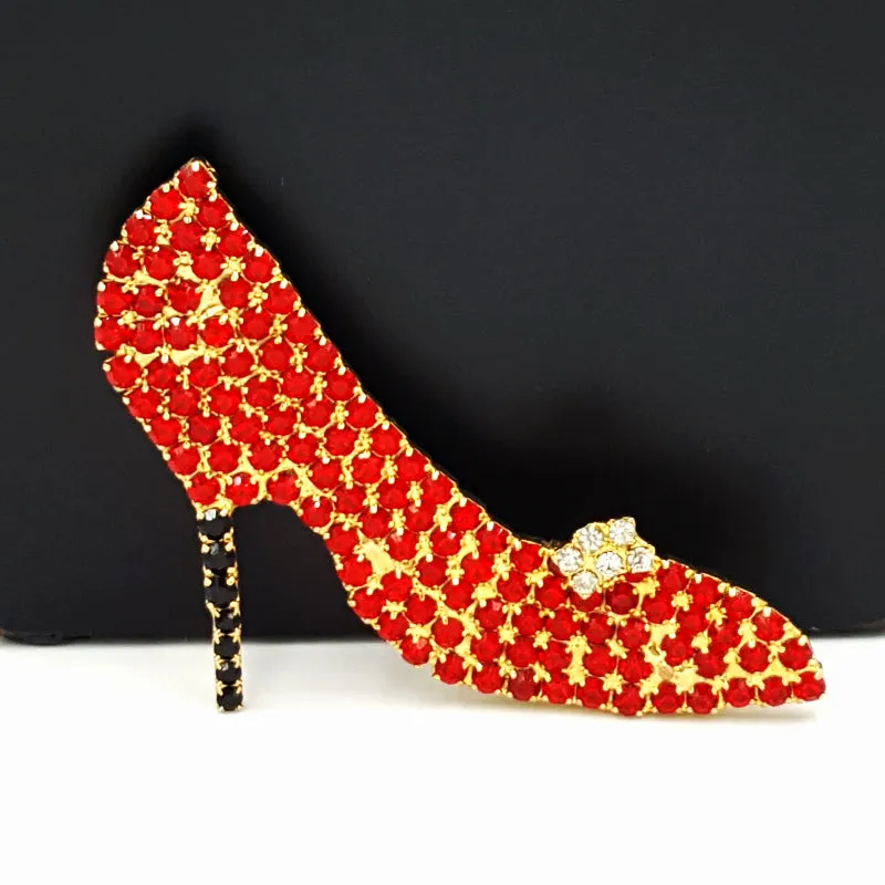 Red Rhinestone Stiletto Brooch With Shoe Ornament and Black High Heel