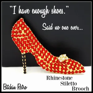 Red Rhinestone Stiletto Brooch With Shoe Ornament and Black High Heel