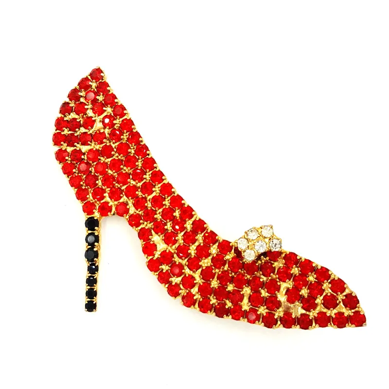 Red Rhinestone Stiletto Brooch With Shoe Ornament and Black High Heel