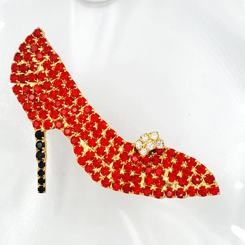 Red Rhinestone Stiletto Brooch With Shoe Ornament and Black High Heel