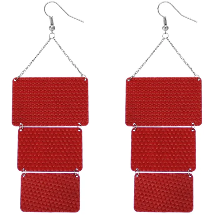 Red Triple Square Link Drop Earrings