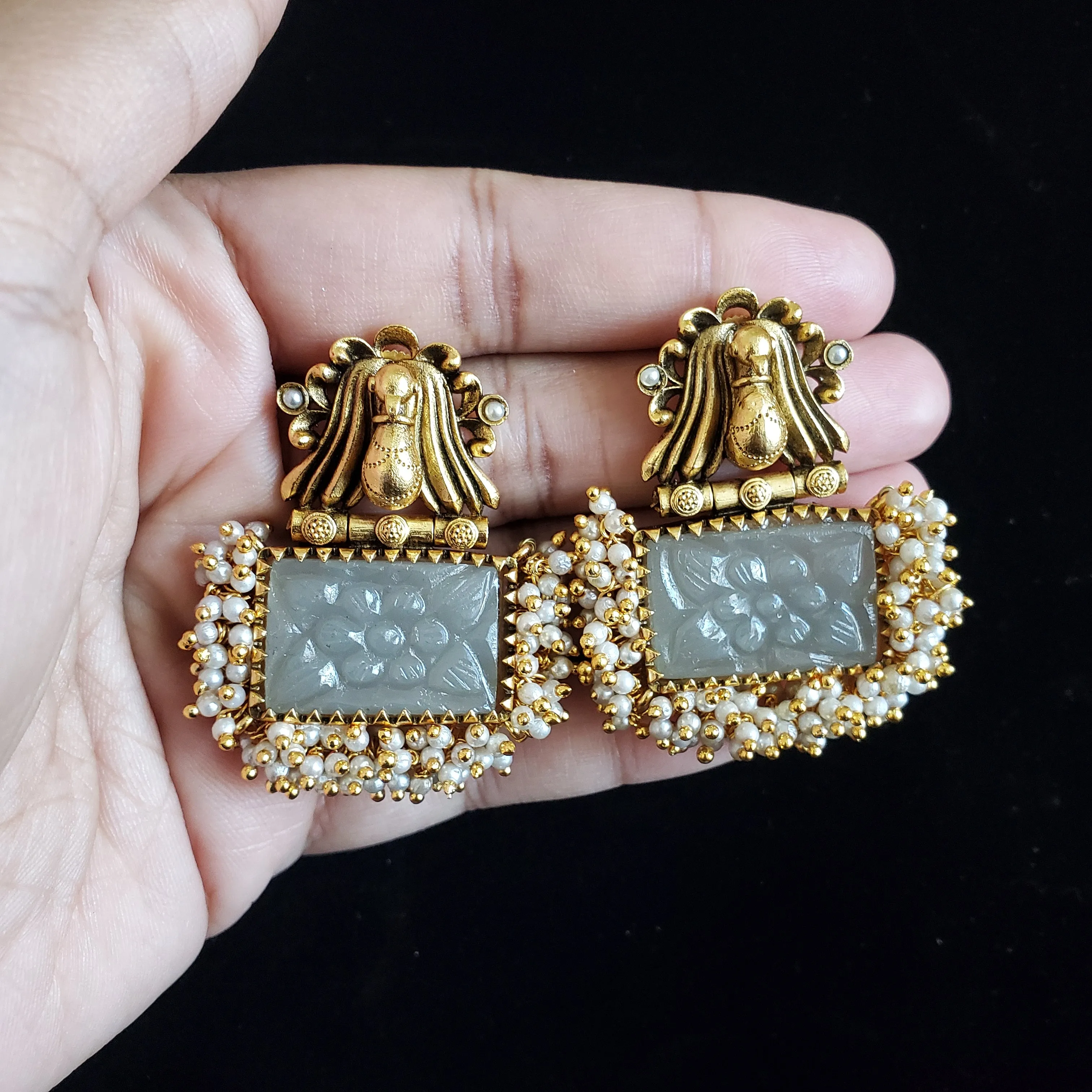 Revathi NJ Carved Stone Fusion Statement Earrings Grey