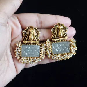 Revathi NJ Carved Stone Fusion Statement Earrings Grey