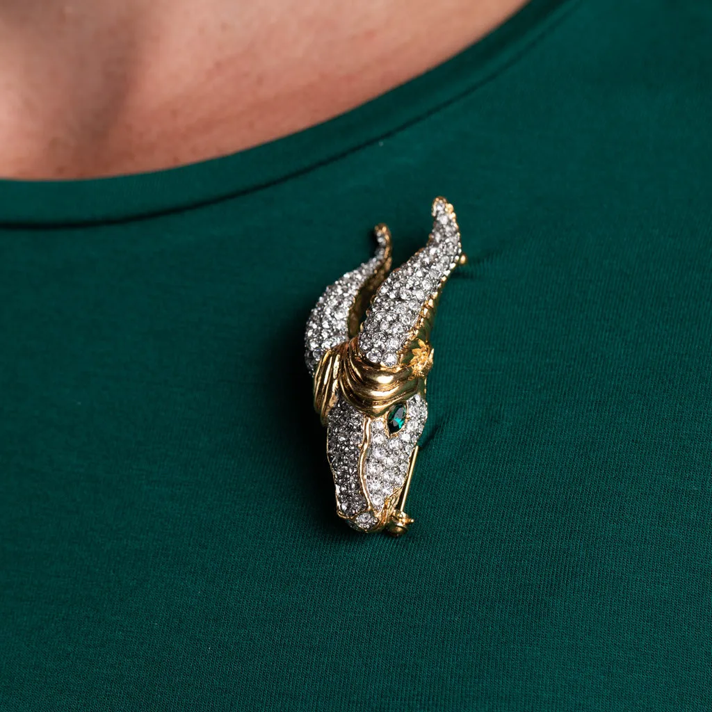 Rhinestone and Emerald Capricorn Pin