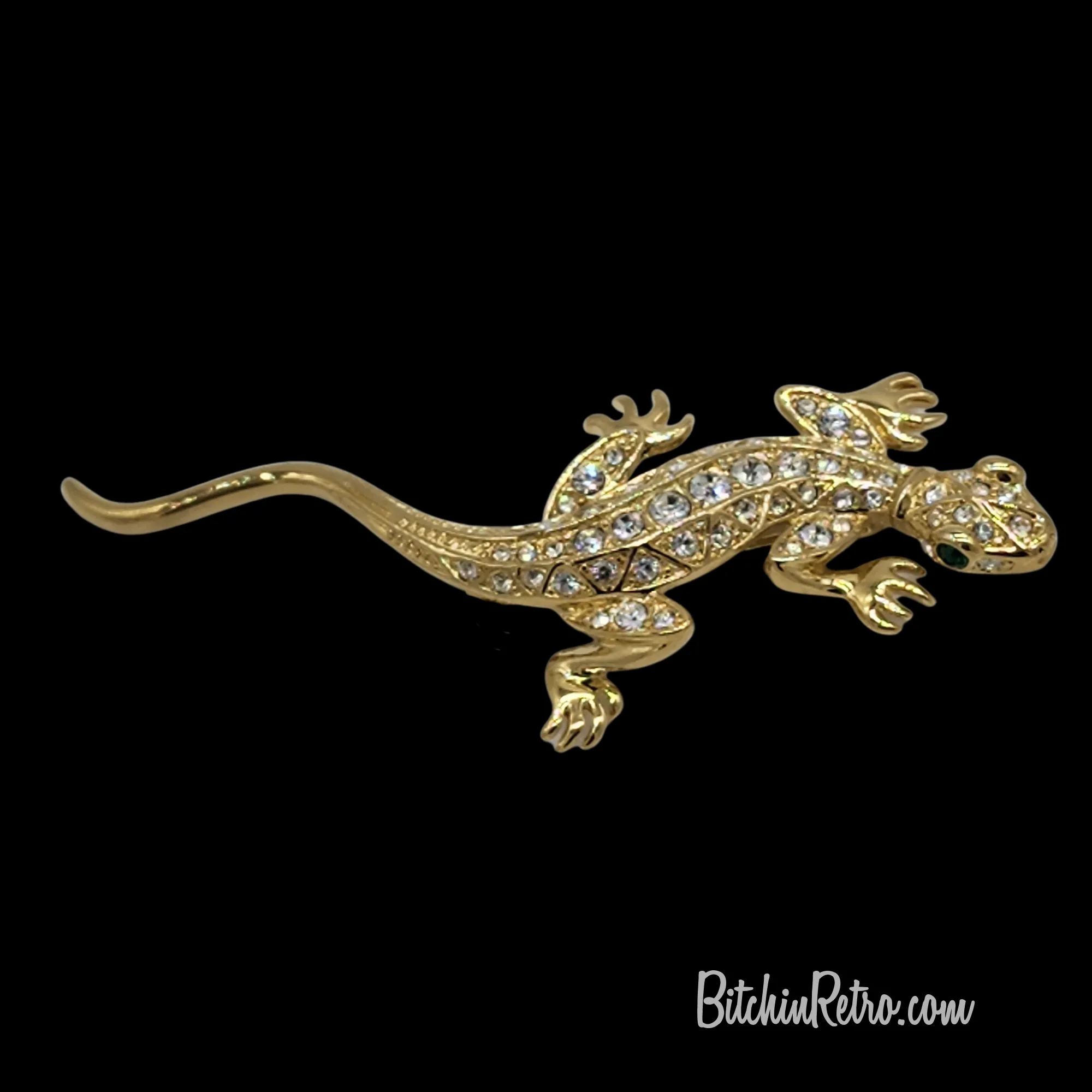 Rhinestone Gecko Brooch With Green Eyes - New in Gift Box