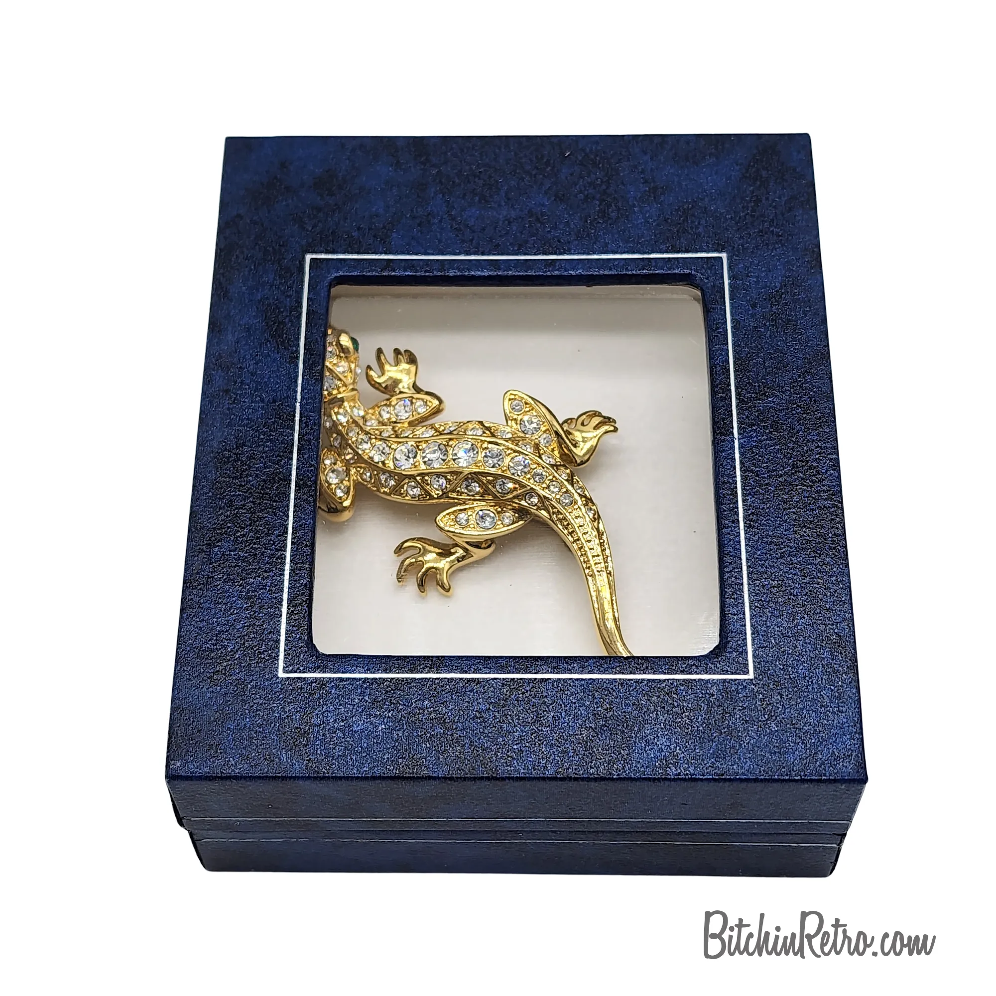 Rhinestone Gecko Brooch With Green Eyes - New in Gift Box