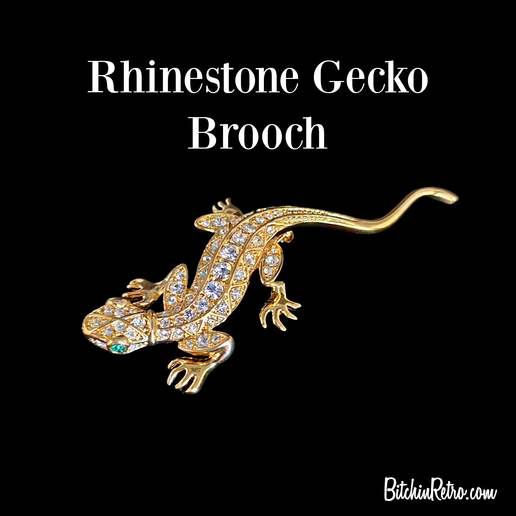 Rhinestone Gecko Brooch With Green Eyes - New in Gift Box