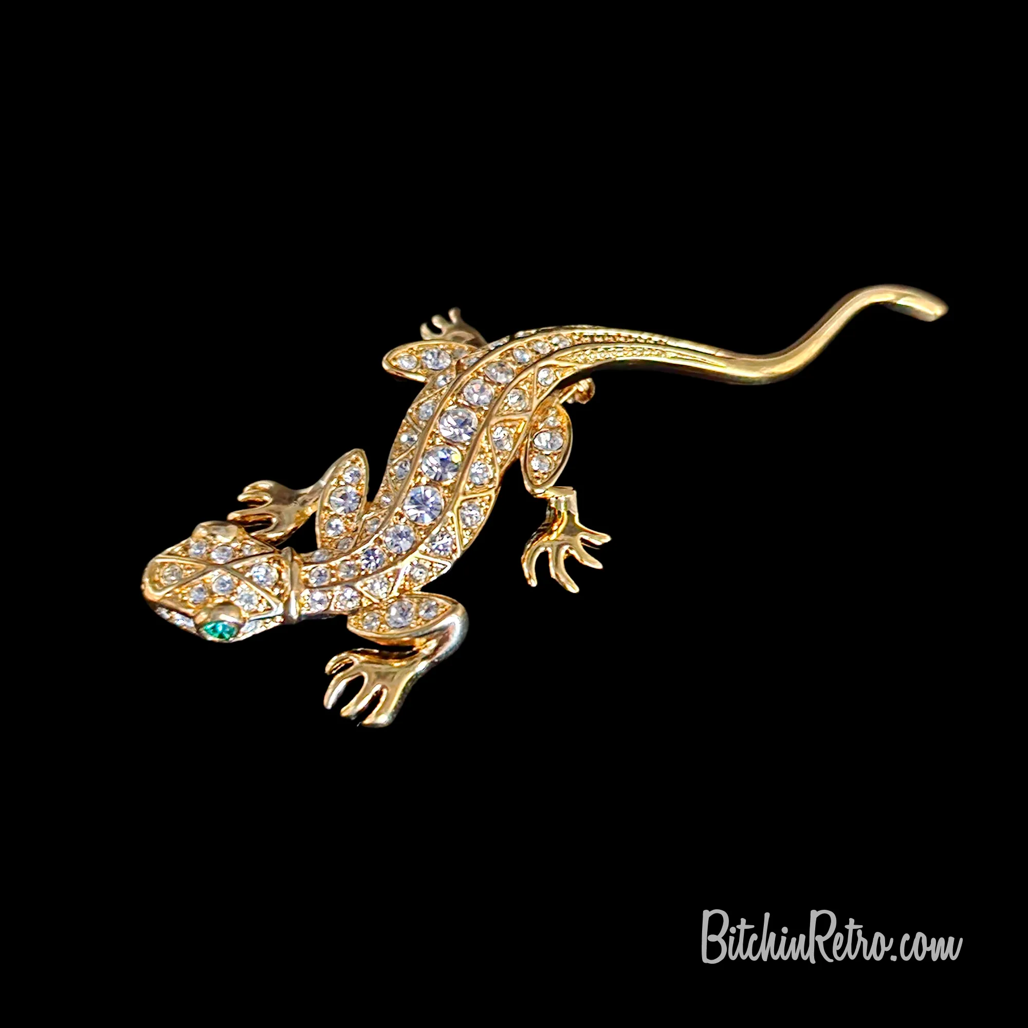 Rhinestone Gecko Brooch With Green Eyes - New in Gift Box