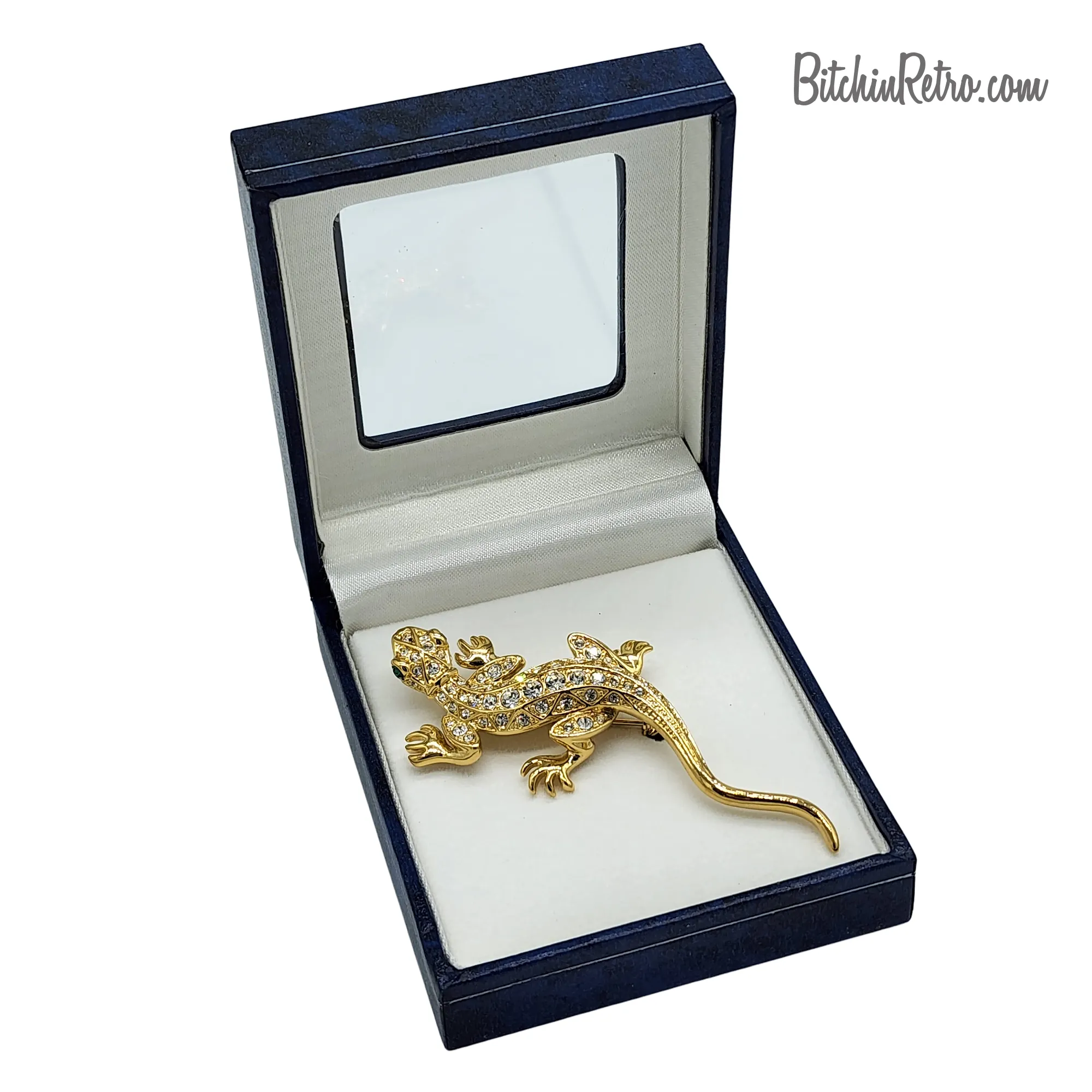 Rhinestone Gecko Brooch With Green Eyes - New in Gift Box