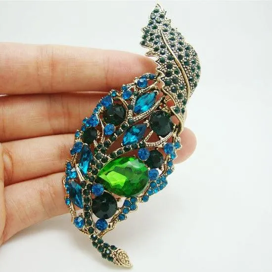 Rhinestone Jewelry Vintage Leaf Green Crystal Rhinestone Pendant Gold-Tone Brooch Pin