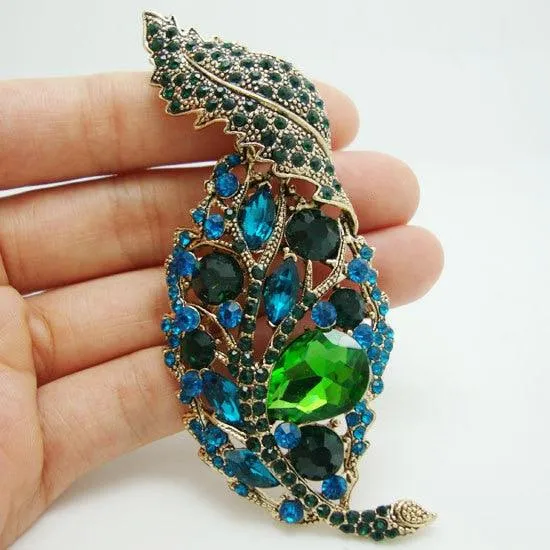 Rhinestone Jewelry Vintage Leaf Green Crystal Rhinestone Pendant Gold-Tone Brooch Pin