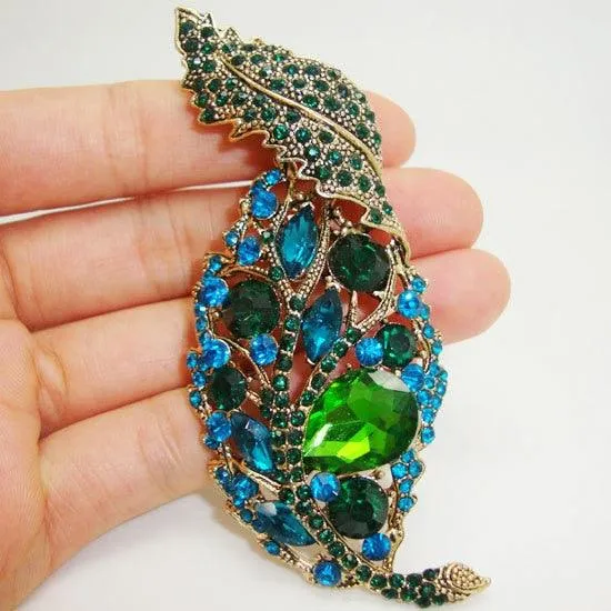 Rhinestone Jewelry Vintage Leaf Green Crystal Rhinestone Pendant Gold-Tone Brooch Pin