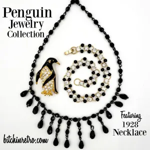 Rhinestone Penguin Brooch and Bracelet with 1928 Beaded Necklace