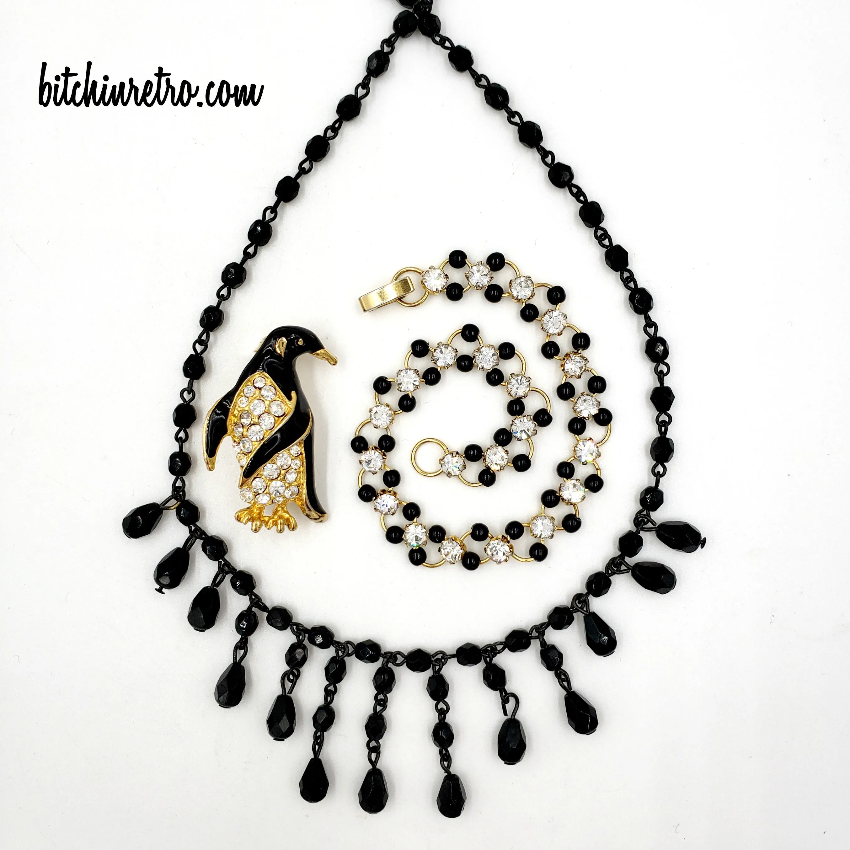 Rhinestone Penguin Brooch and Bracelet with 1928 Beaded Necklace