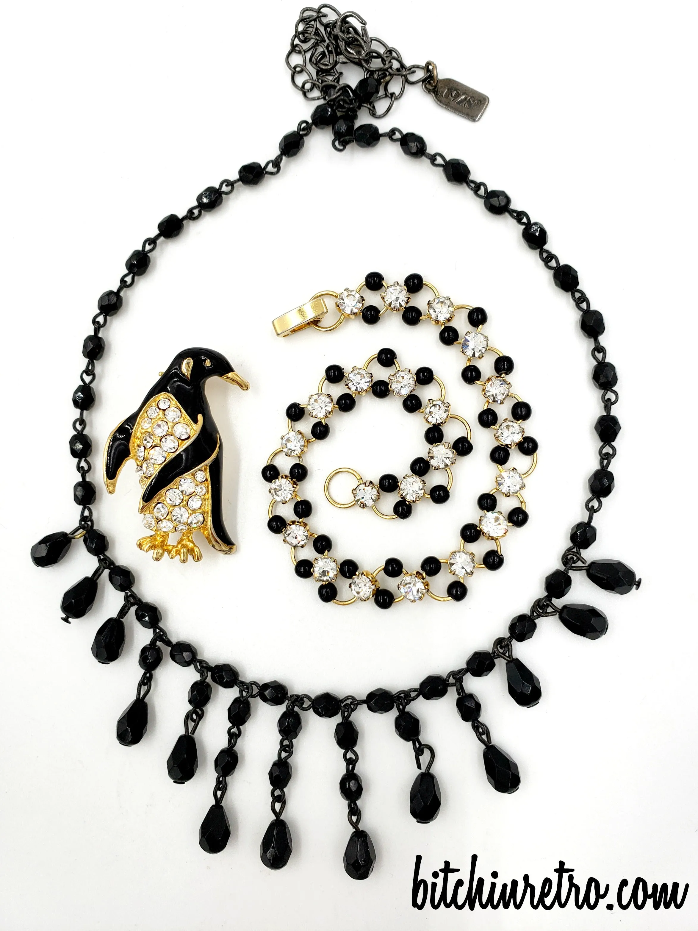 Rhinestone Penguin Brooch and Bracelet with 1928 Beaded Necklace
