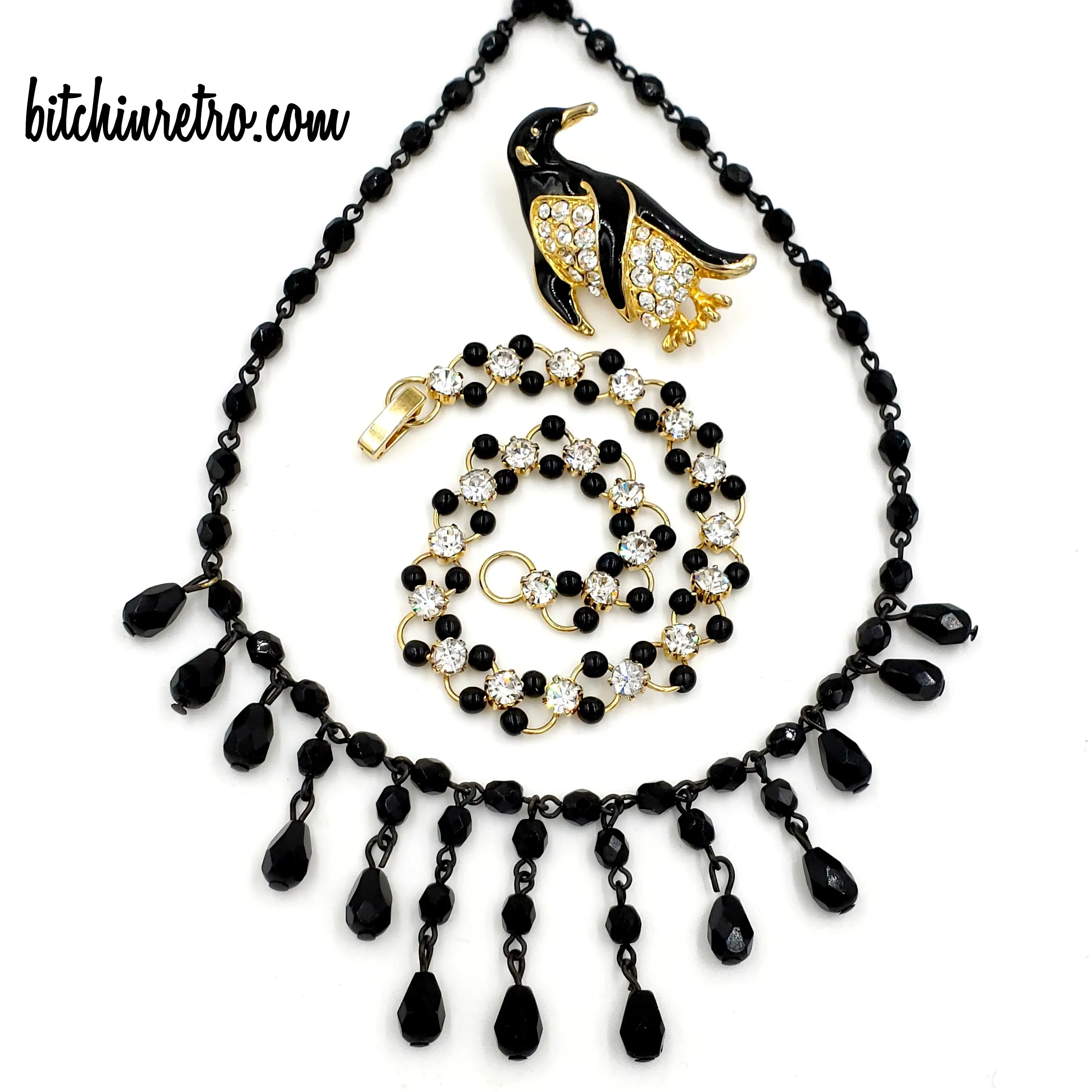 Rhinestone Penguin Brooch and Bracelet with 1928 Beaded Necklace