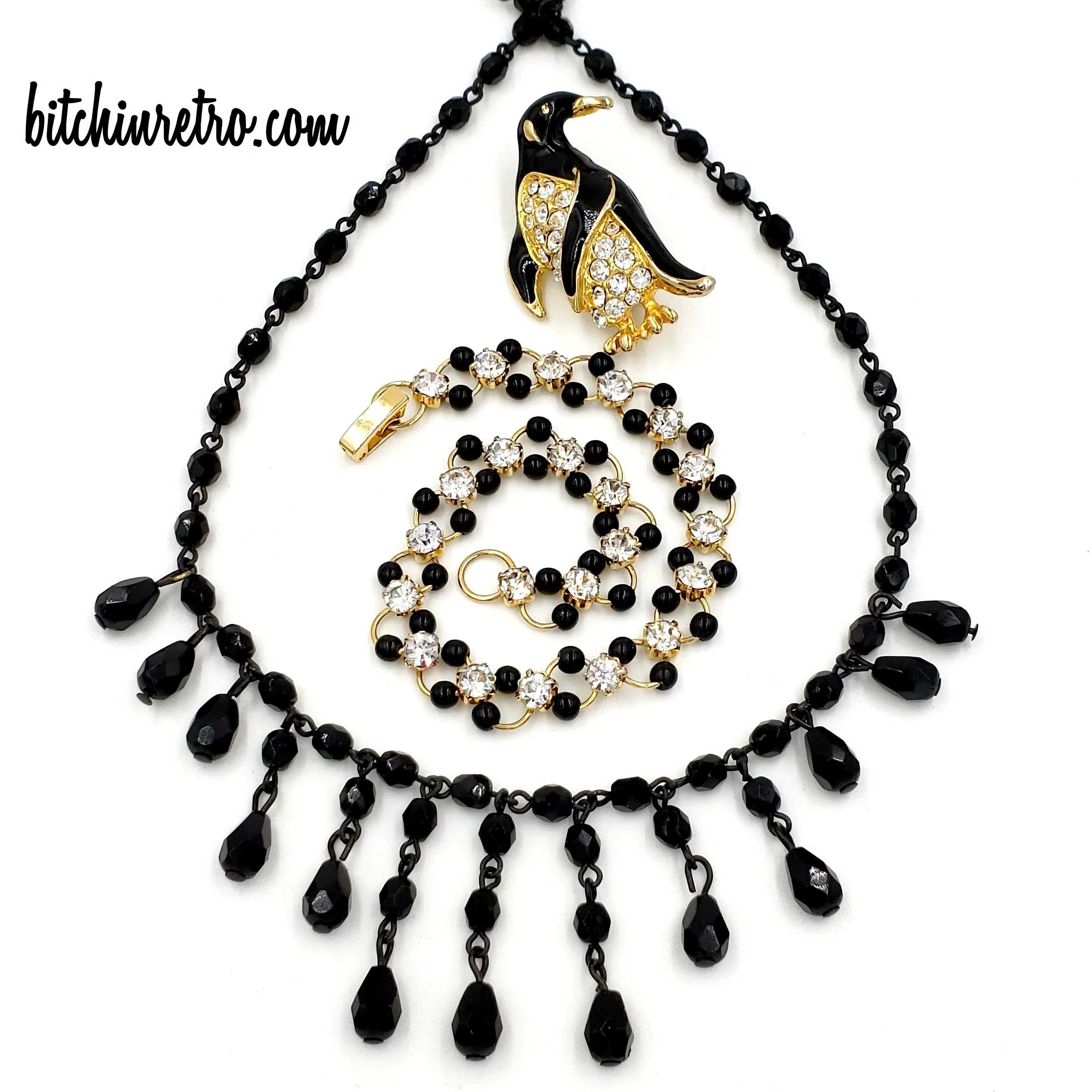 Rhinestone Penguin Brooch and Bracelet with 1928 Beaded Necklace