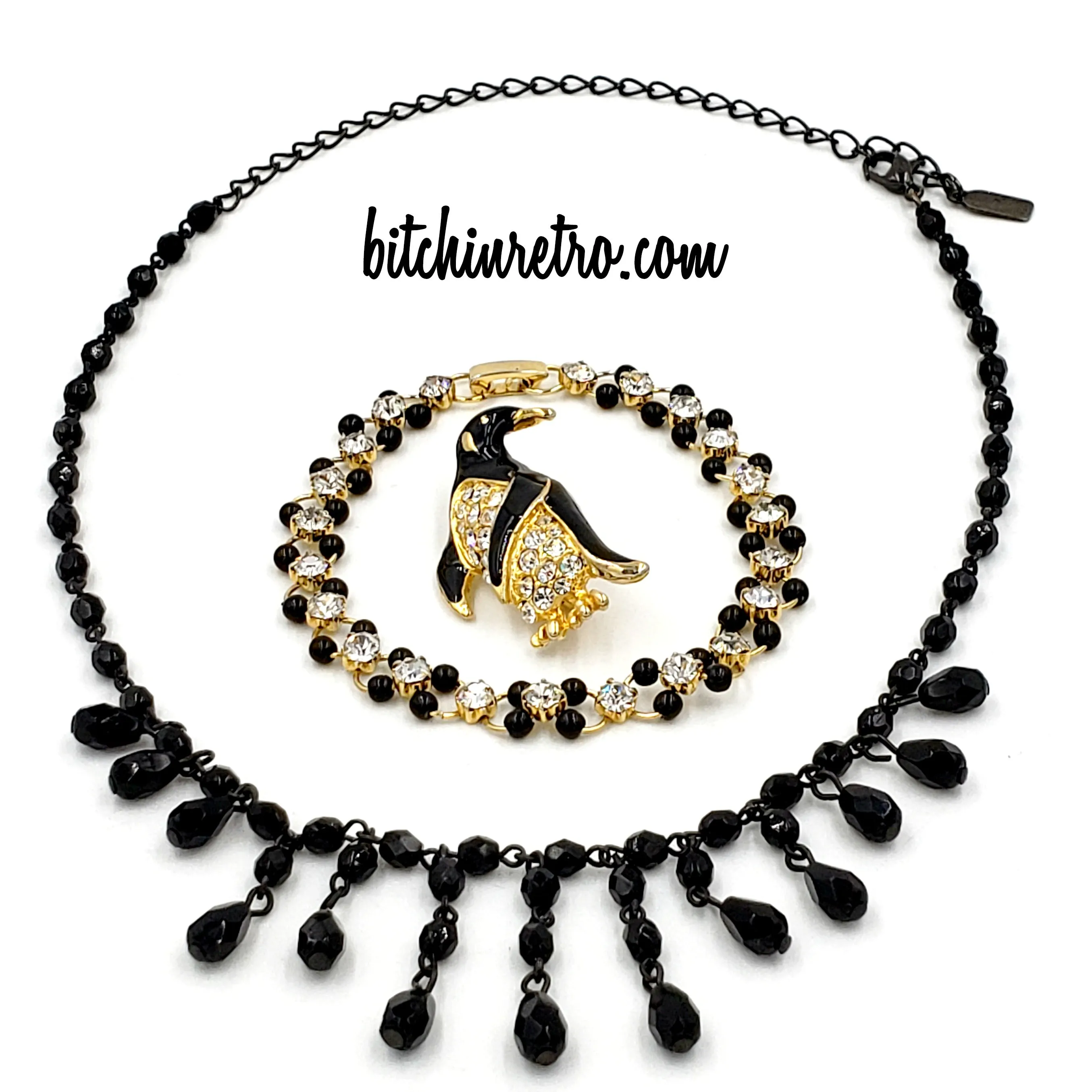 Rhinestone Penguin Brooch and Bracelet with 1928 Beaded Necklace