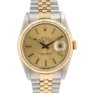 Rolex Datejust  16233 36mm Champagne Index Dial Fluted Bezel Jubilee Band