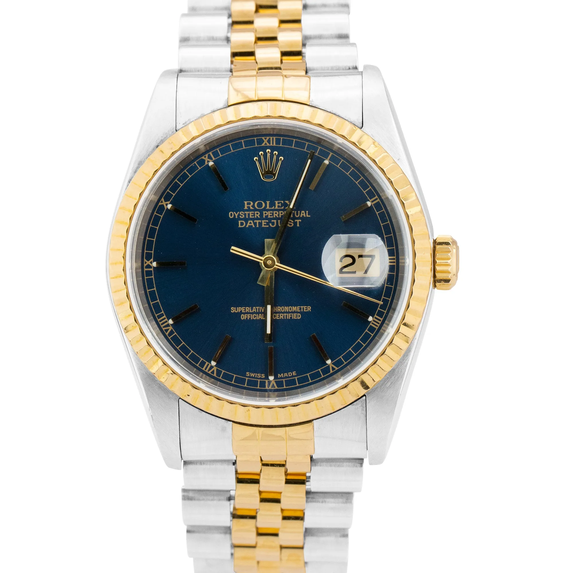 Rolex DateJust 36mm Blue Two-Tone 18K Gold Stainless Jubilee Watch BOX 16233