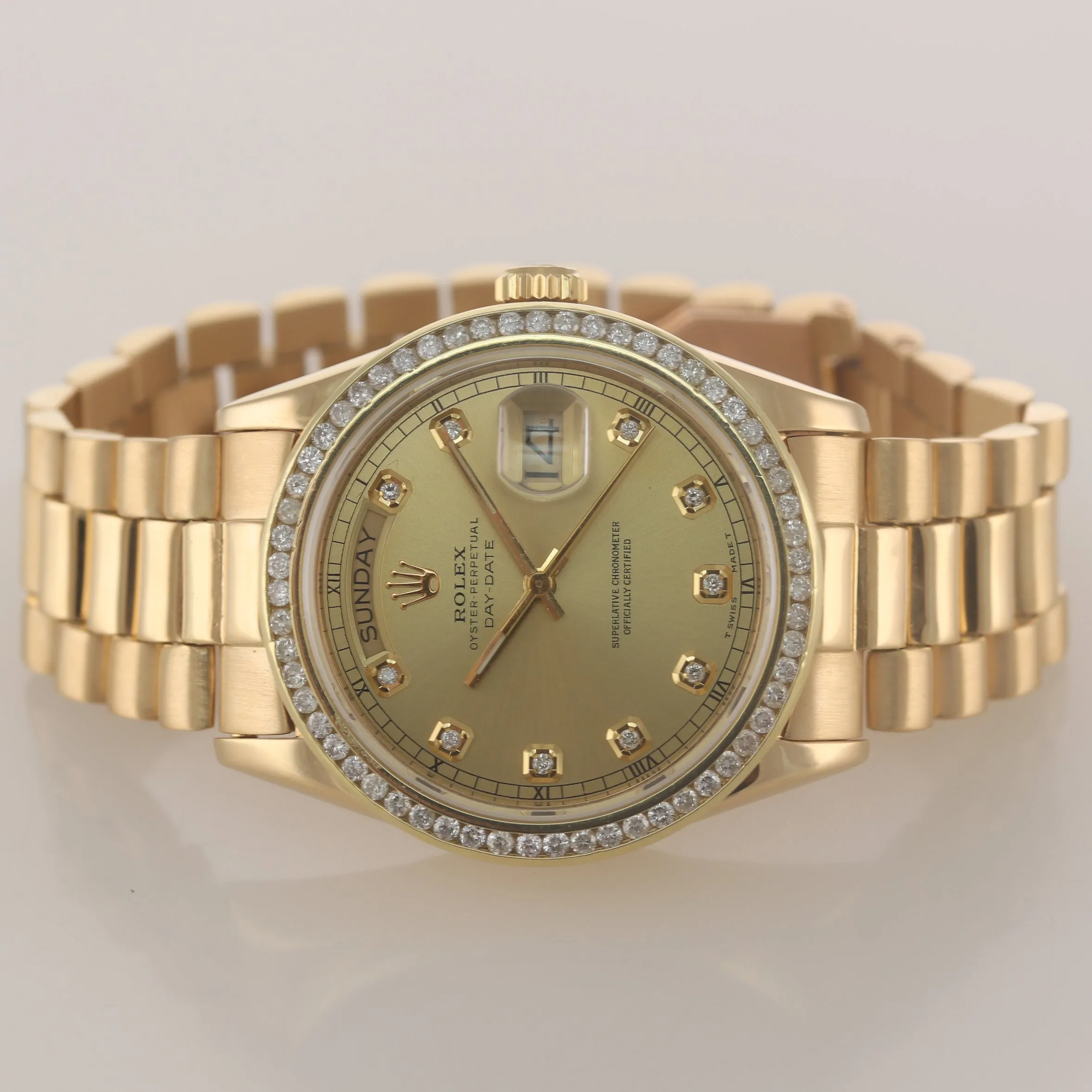 Rolex Day-Date President 36mm 18038 Champagne Diamond Bezel Yellow Gold Watch