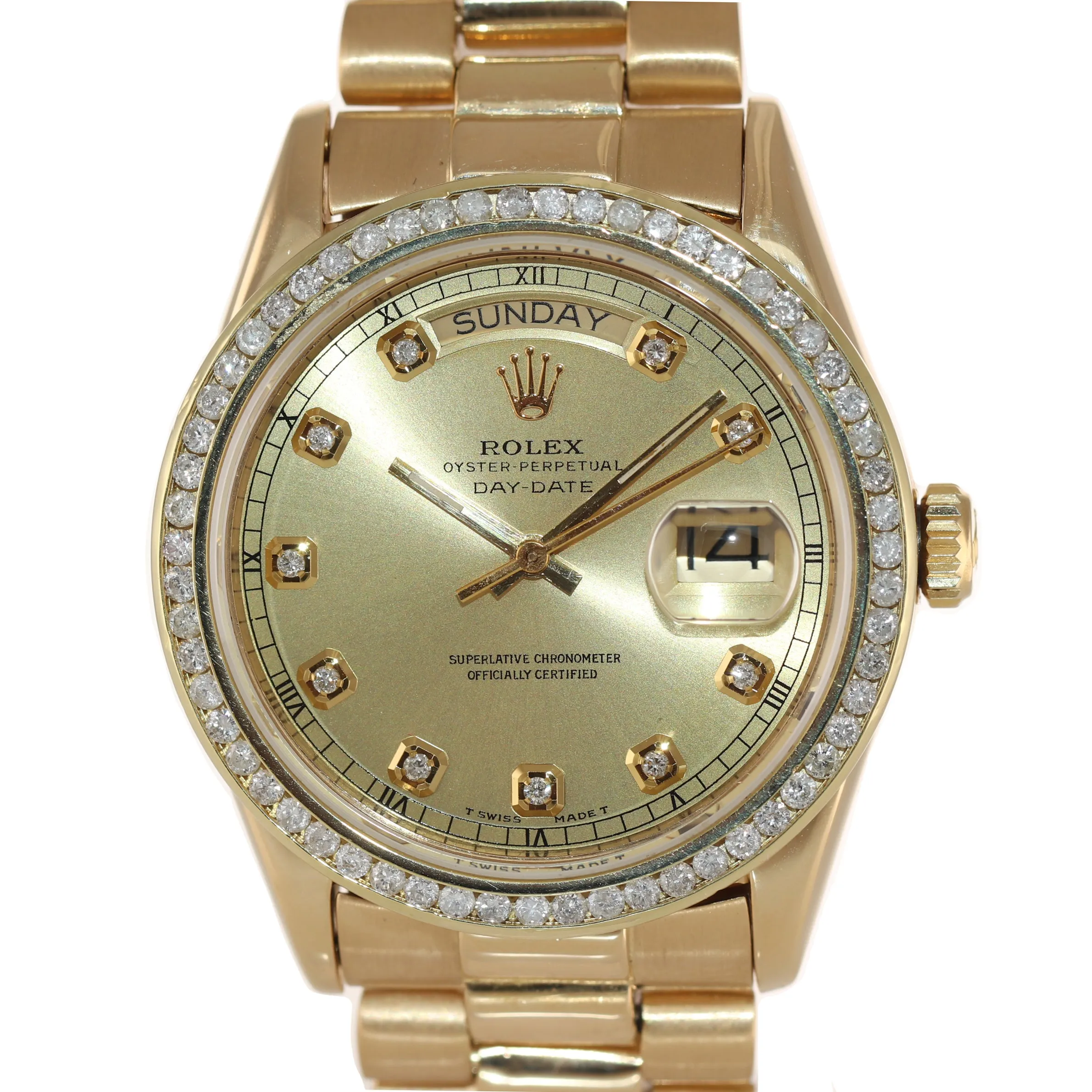 Rolex Day-Date President 36mm 18038 Champagne Diamond Bezel Yellow Gold Watch