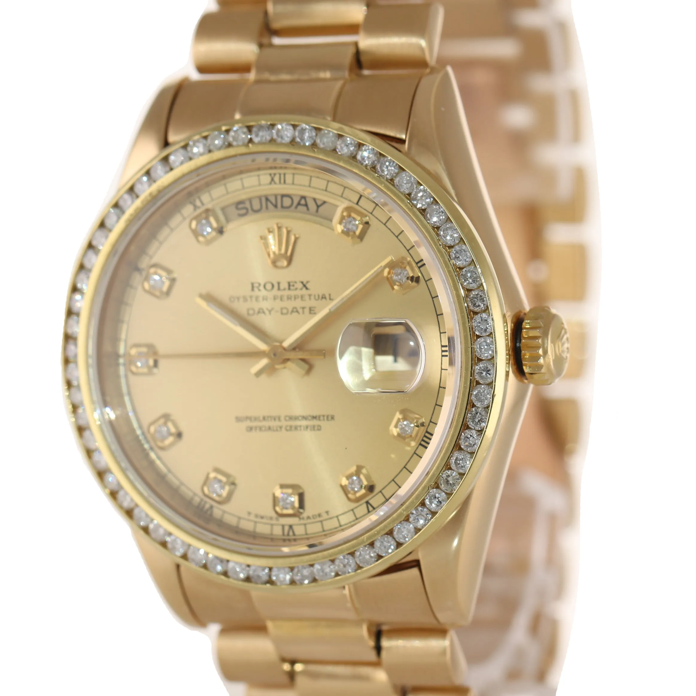 Rolex Day-Date President 36mm 18038 Champagne Diamond Bezel Yellow Gold Watch
