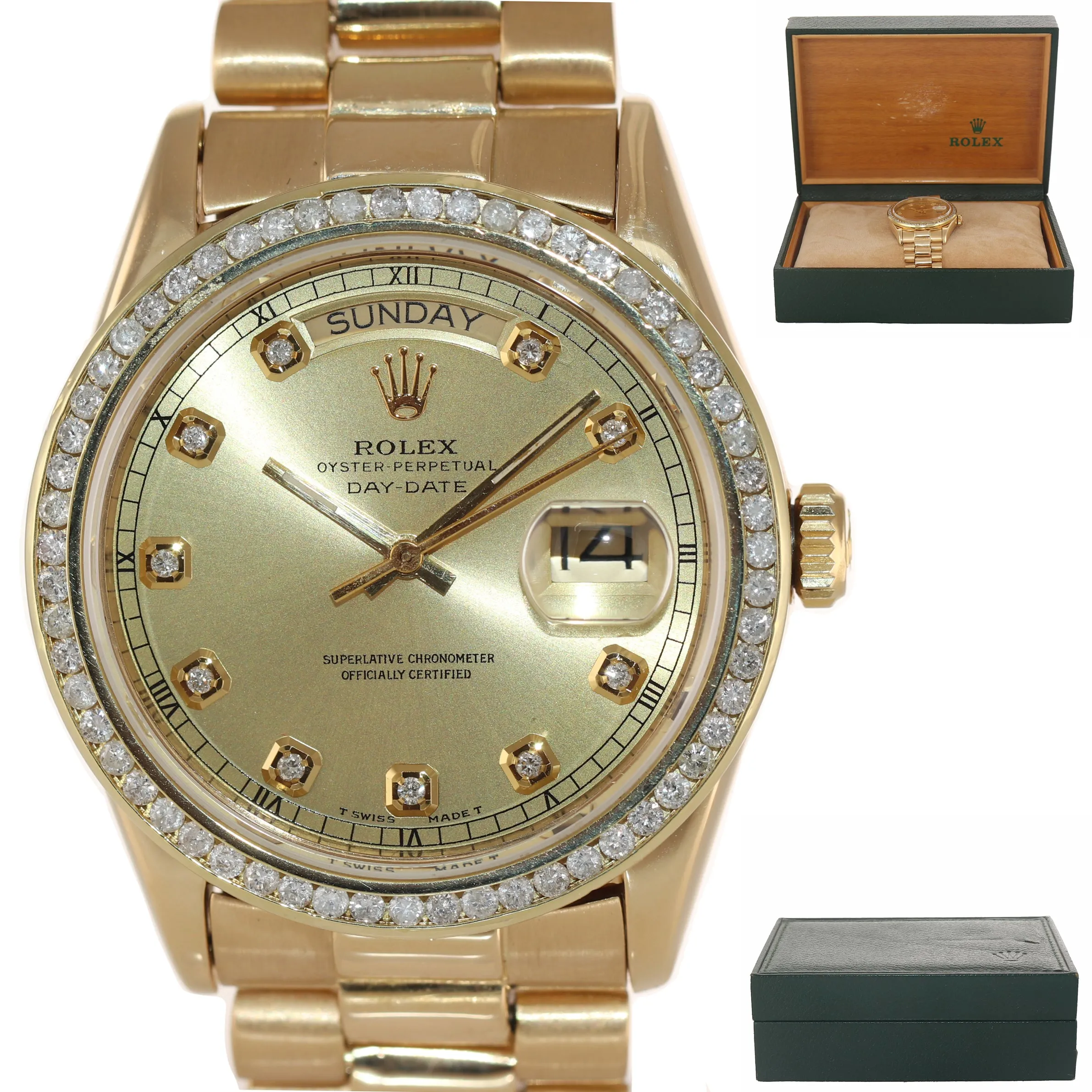 Rolex Day-Date President 36mm 18038 Champagne Diamond Bezel Yellow Gold Watch