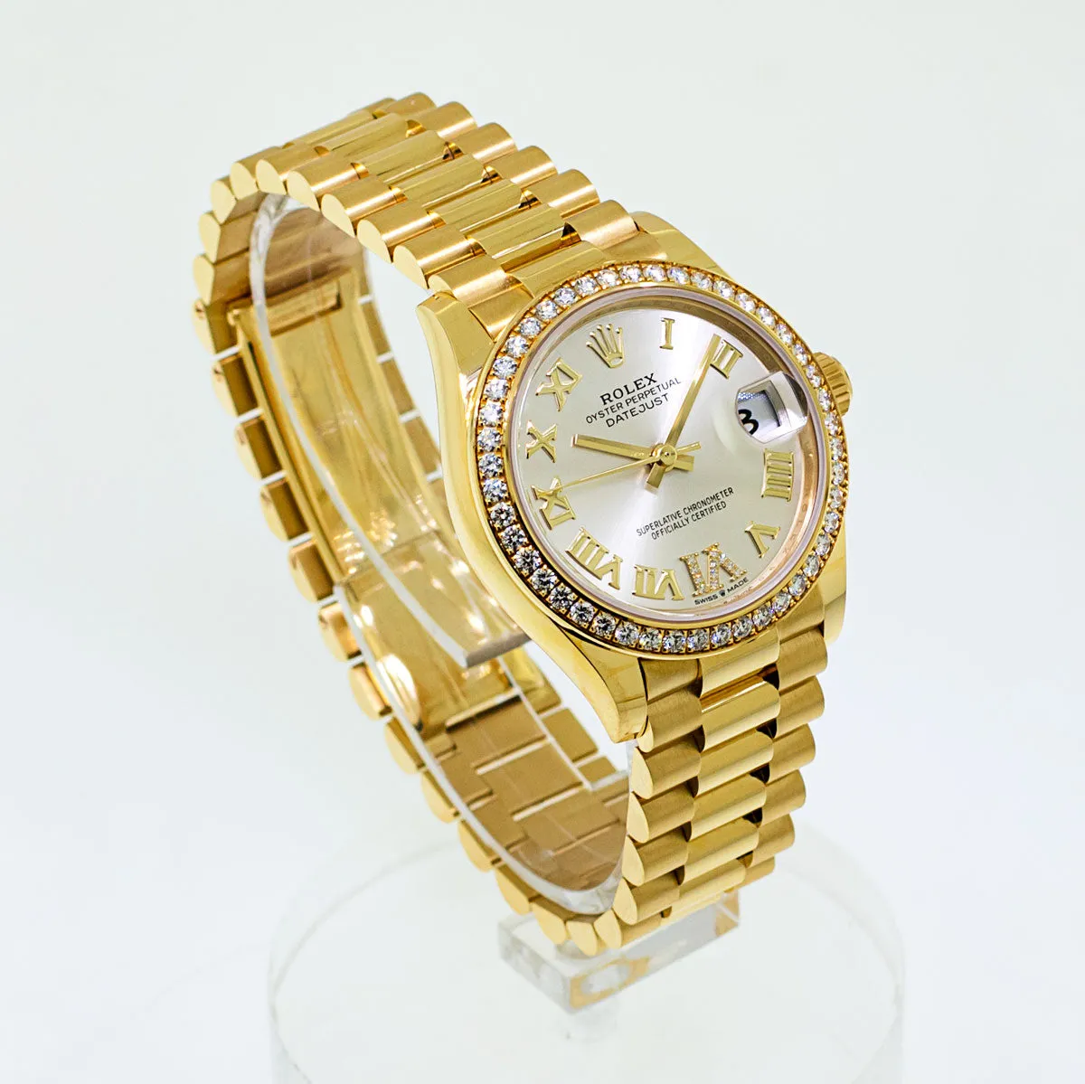 Rolex Lady-Datejust 31mm 18K Yellow Gold Silver Dial Roman Numerals & Diamond Bezel 278288