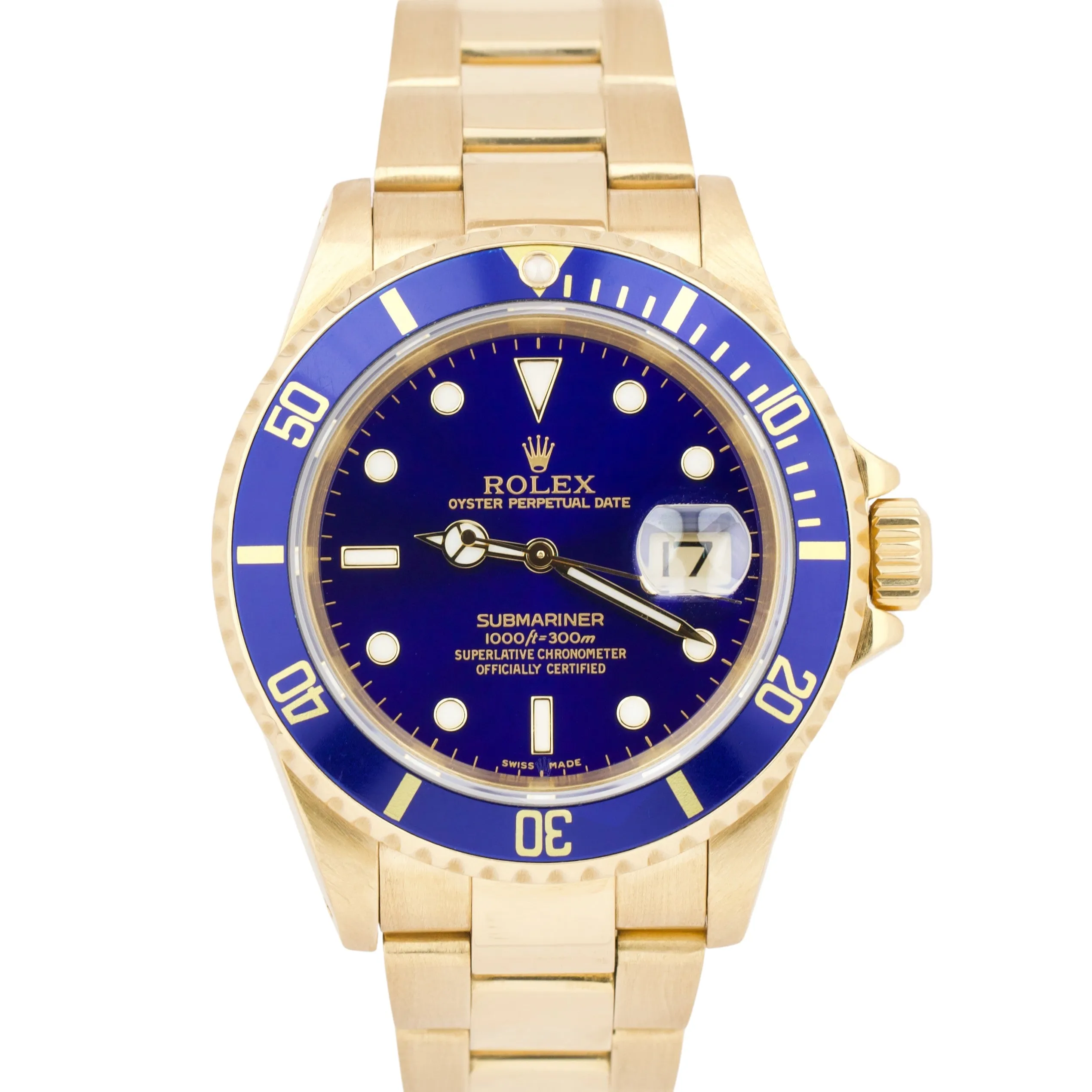 Rolex Submariner Date 18K Yellow Gold BLUE 40mm Automatic Dive 16618 Watch