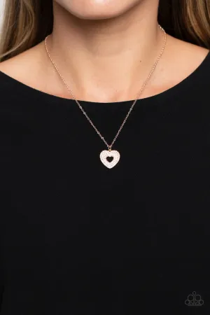 Romantic Retreat - Rose Gold - White Rhinestone Heart Dainty Pendant Paparazzi Short Necklace