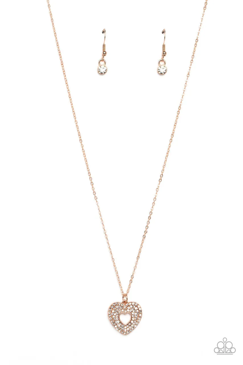 Romantic Retreat - Rose Gold - White Rhinestone Heart Dainty Pendant Paparazzi Short Necklace