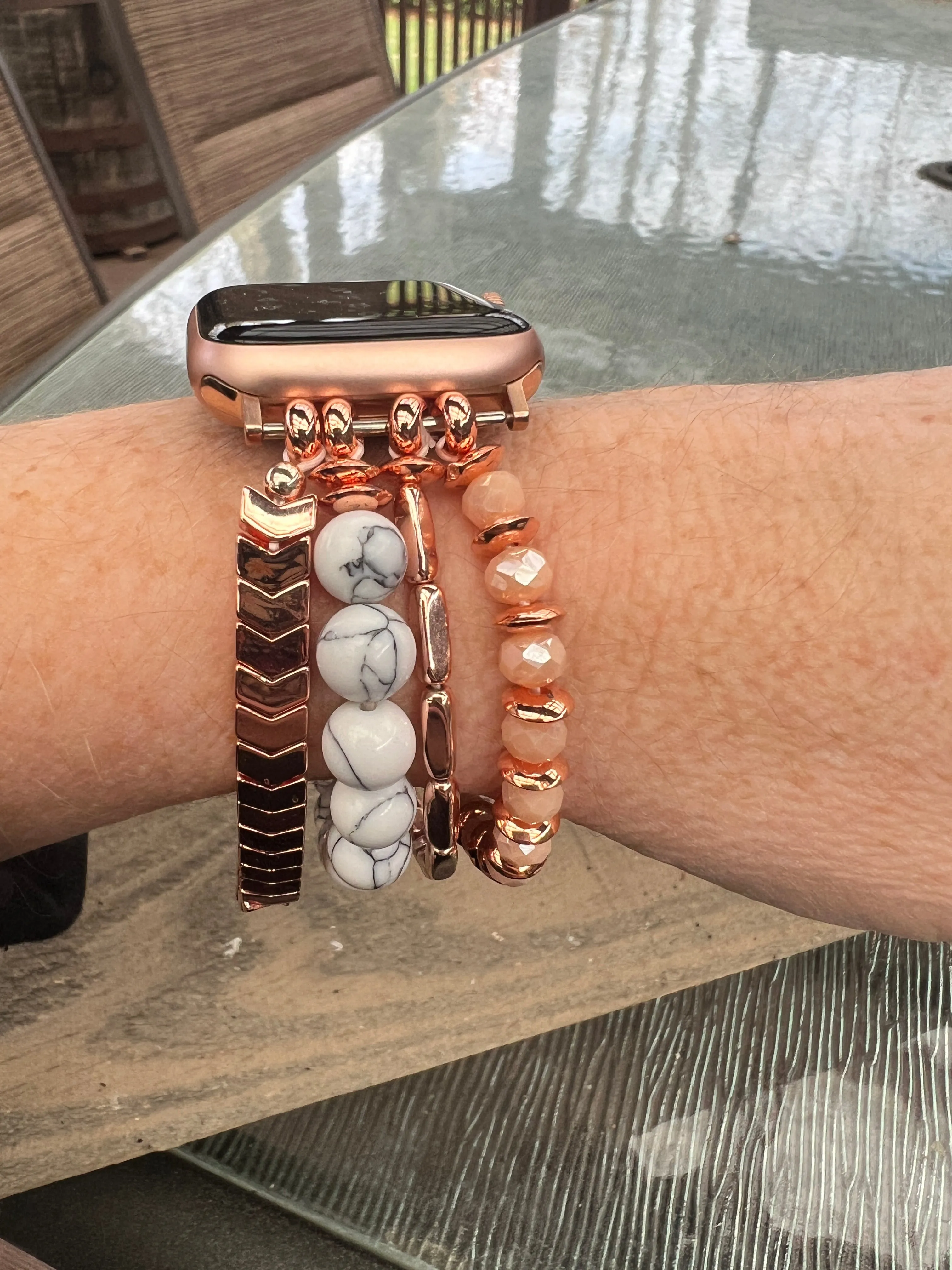 Rose Gold White Howlite Beaded Stretch Smart Watch Band