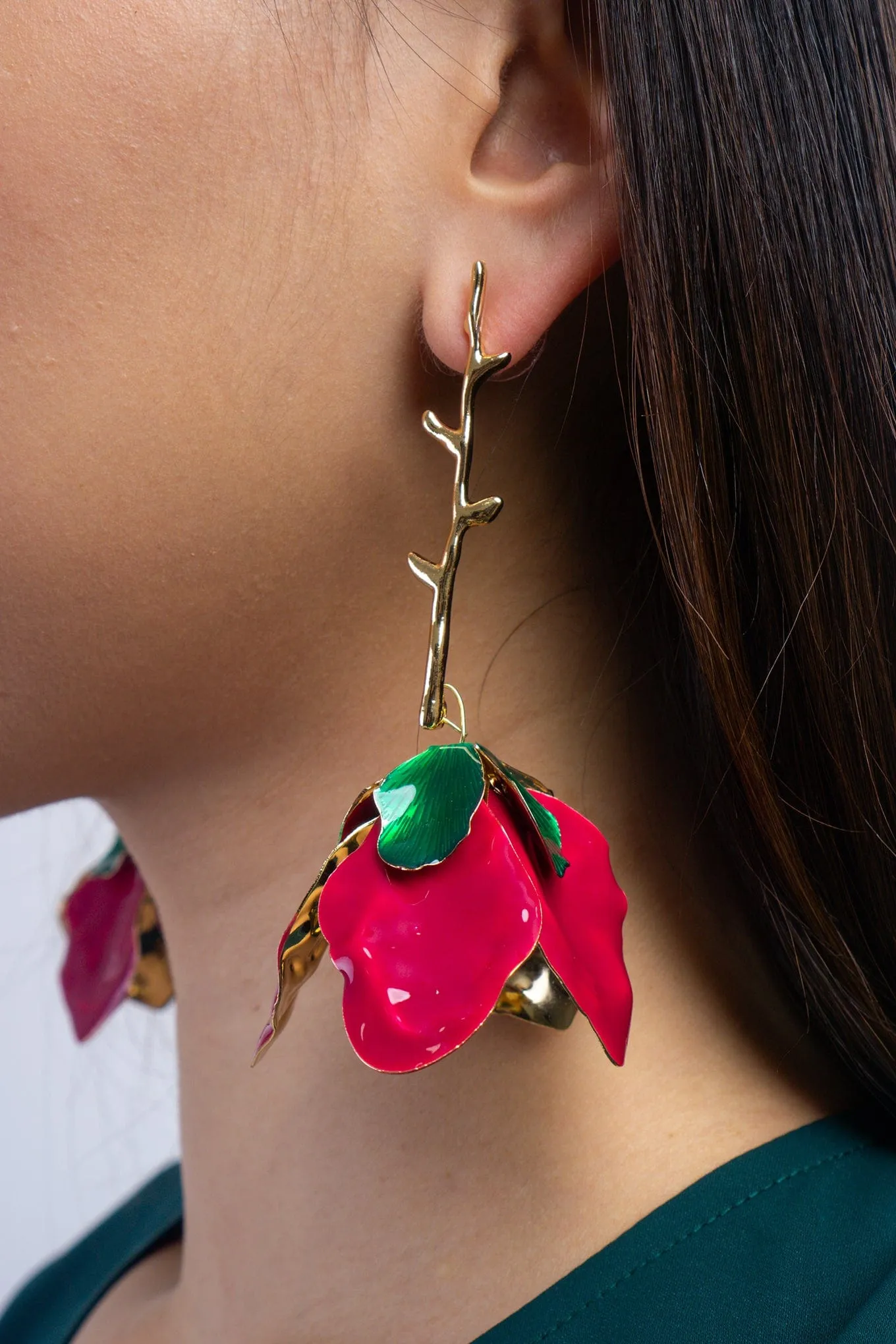 Rose Red Metal Flower Oil Drop Earrings