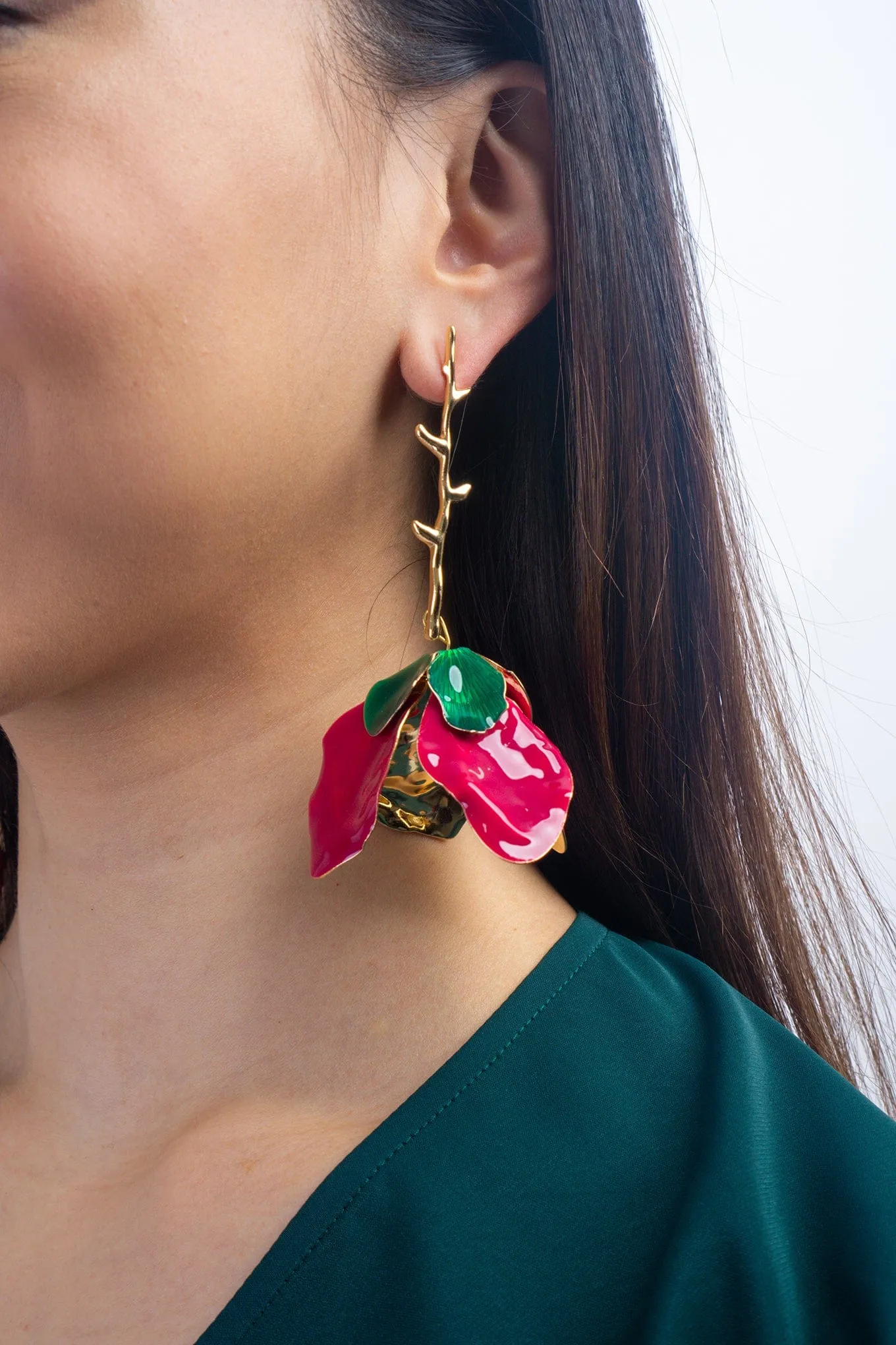 Rose Red Metal Flower Oil Drop Earrings