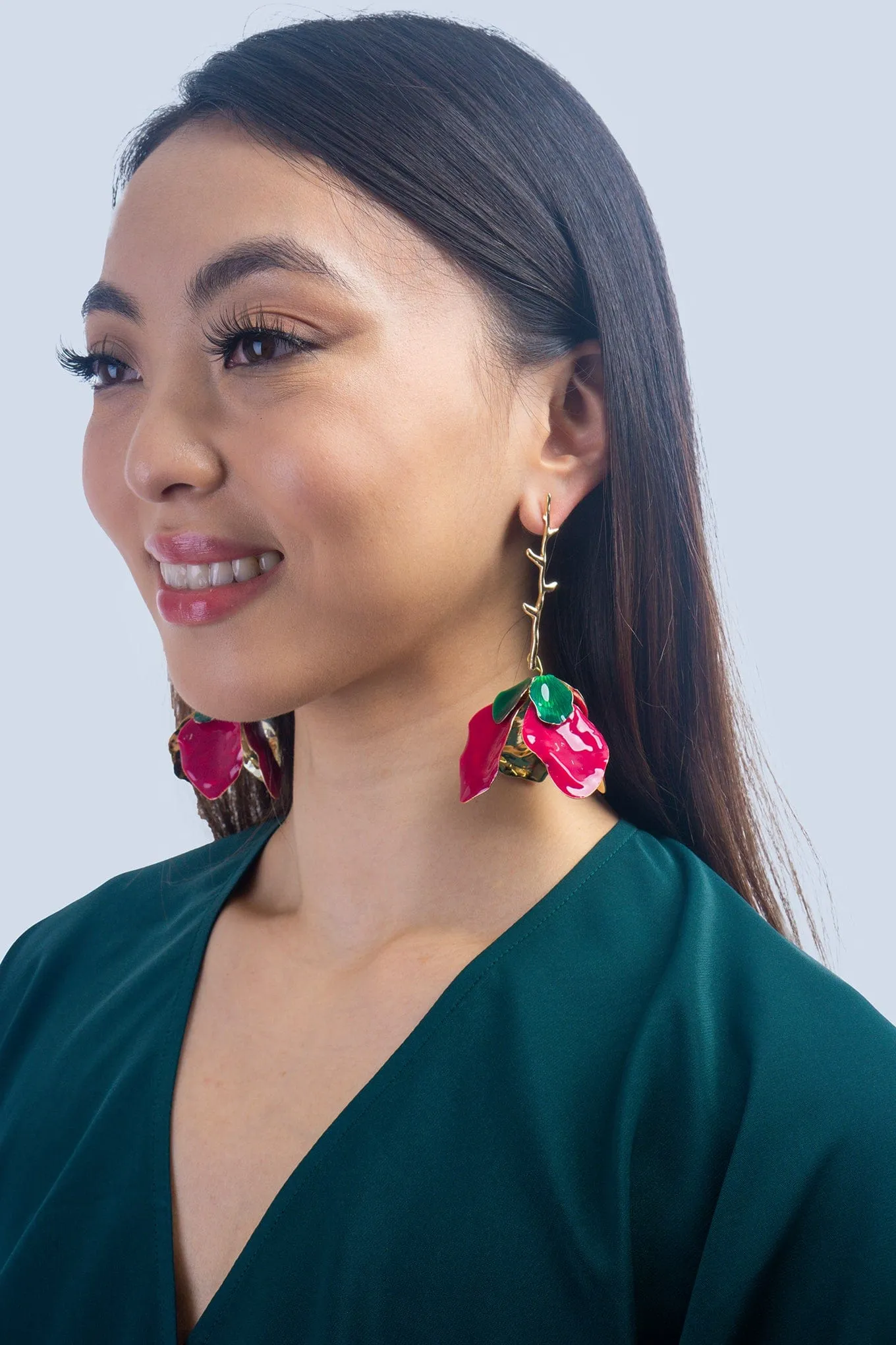 Rose Red Metal Flower Oil Drop Earrings