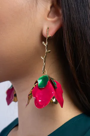 Rose Red Metal Flower Oil Drop Earrings