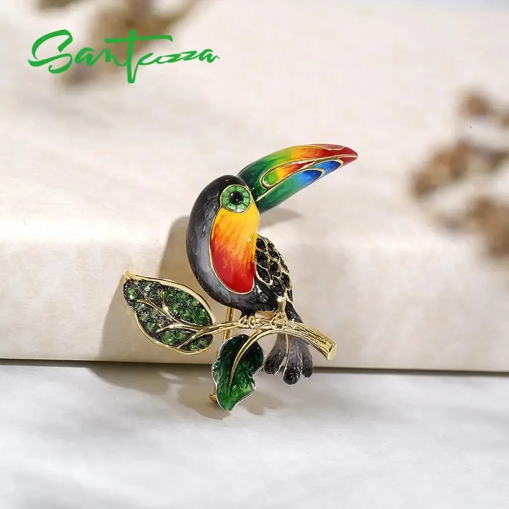 SANTUZZA Silver Brooch for Women 925 Sterling Silver Yellow Gold Plated Colorful Toucan Bird Animal Fine Jewelry Handmade Enamel