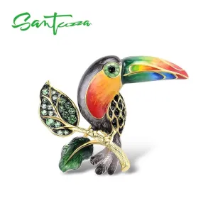 SANTUZZA Silver Brooch for Women 925 Sterling Silver Yellow Gold Plated Colorful Toucan Bird Animal Fine Jewelry Handmade Enamel