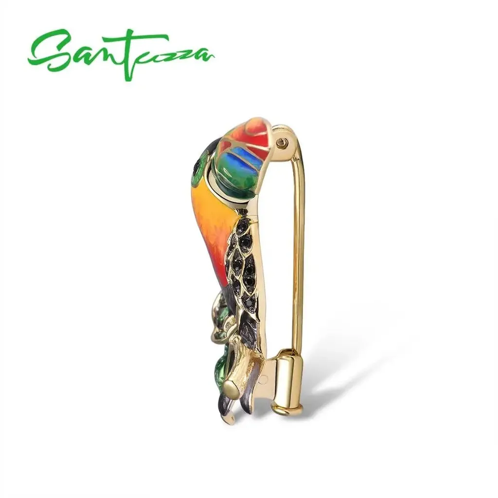 SANTUZZA Silver Brooch for Women 925 Sterling Silver Yellow Gold Plated Colorful Toucan Bird Animal Fine Jewelry Handmade Enamel