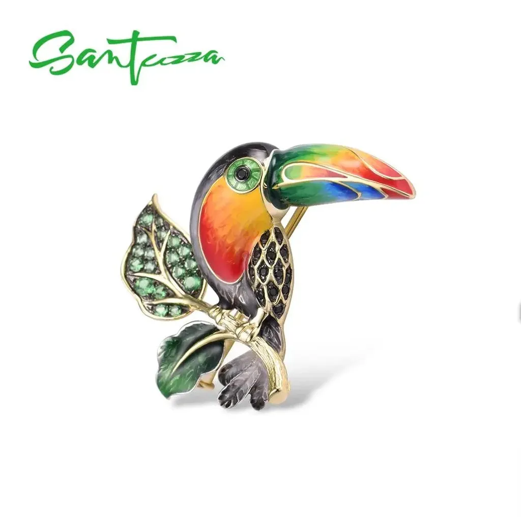 SANTUZZA Silver Brooch for Women 925 Sterling Silver Yellow Gold Plated Colorful Toucan Bird Animal Fine Jewelry Handmade Enamel