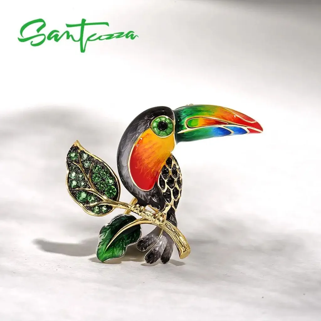 SANTUZZA Silver Brooch for Women 925 Sterling Silver Yellow Gold Plated Colorful Toucan Bird Animal Fine Jewelry Handmade Enamel