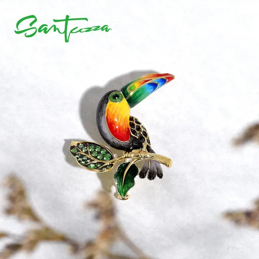 SANTUZZA Silver Brooch for Women 925 Sterling Silver Yellow Gold Plated Colorful Toucan Bird Animal Fine Jewelry Handmade Enamel