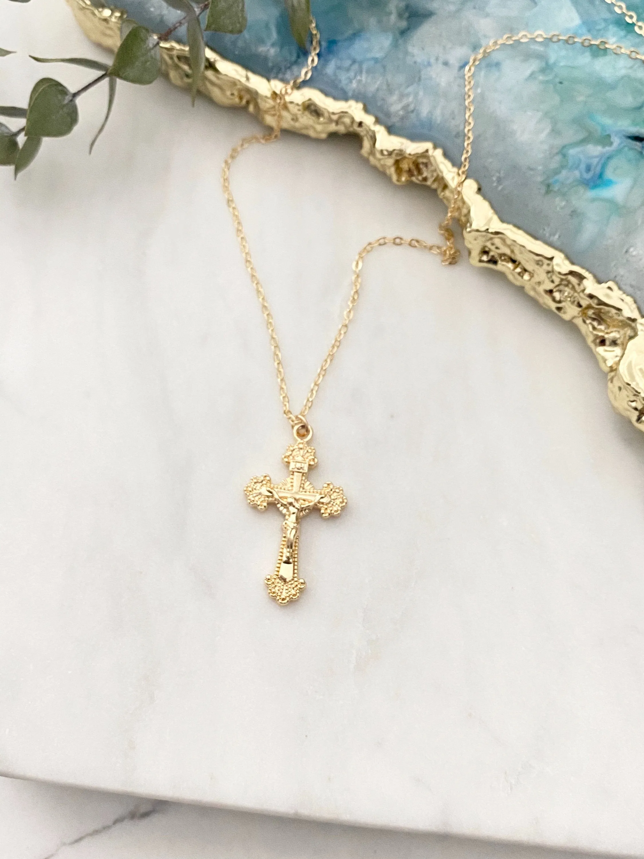 Scalloped Edge Crucifix Necklace