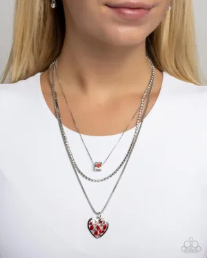 Seize the Sides - Red - and Pink Rhinestone Silver Heart Tiered Paparazzi Short Necklace